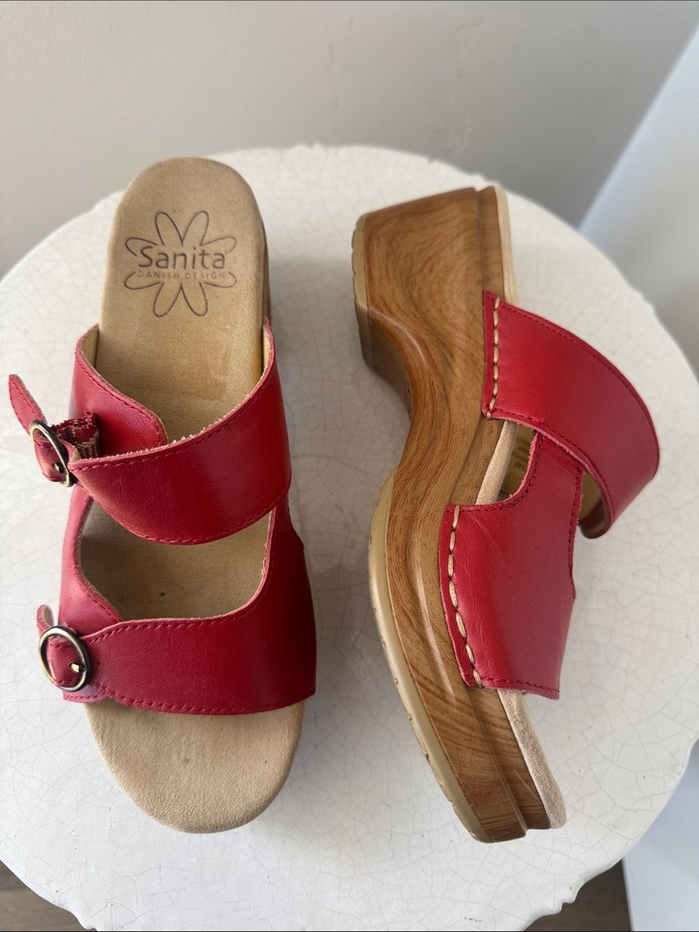 Sanita Red Leather Two-Band Clog Sandals with Buckles Platform Casual Size 37
